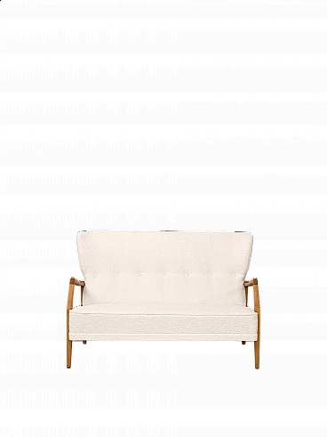 Two-seater wooden sofa with faux lambskin upholstery, 1960s