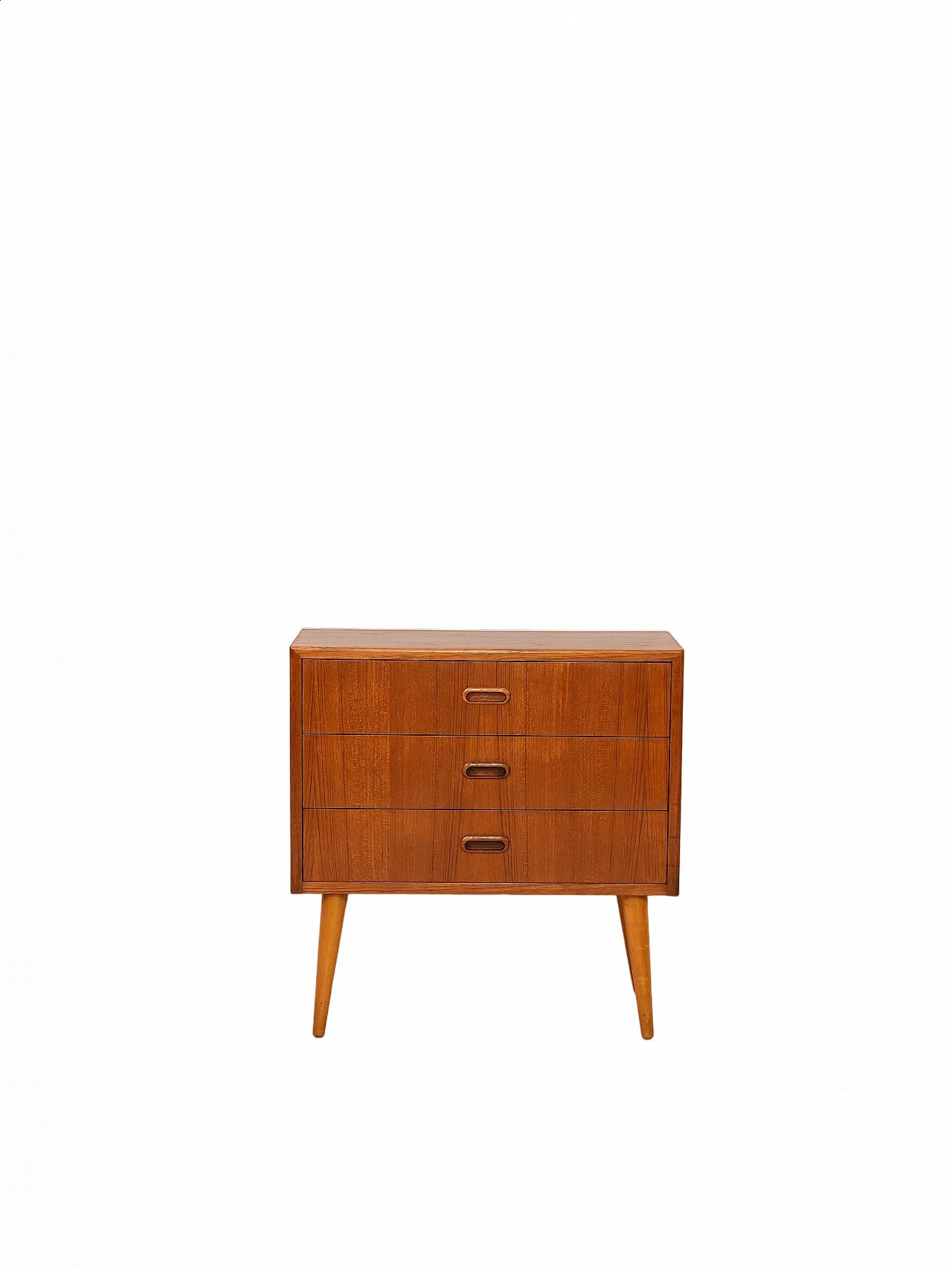 Comodino scandinavo in teak con cassetti e gambe coniche, anni '60 11