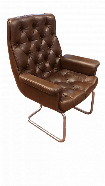 Brown leather office armchair with capitonné decoration, 1960s
