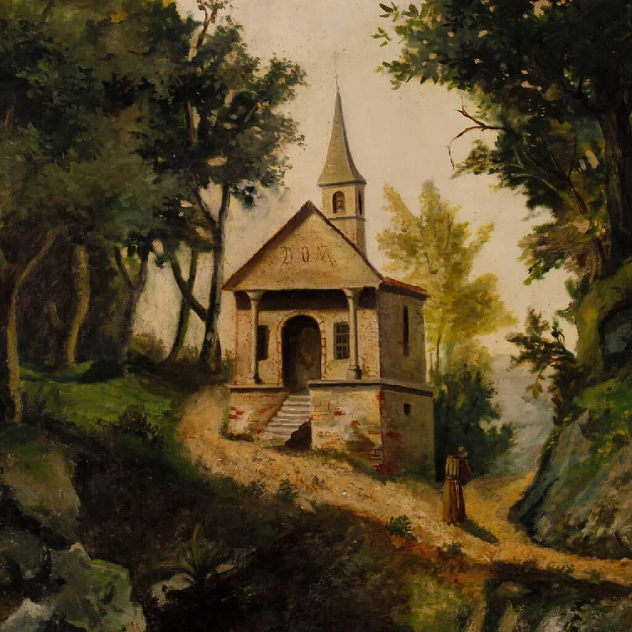 Landscape with church and friar, oil painting on canvas, second half of the 19th century 3