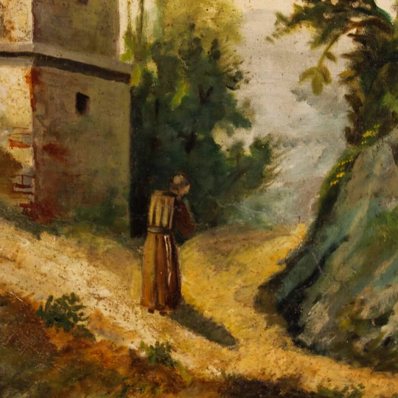 Landscape with church and friar, oil painting on canvas, second half of the 19th century 4