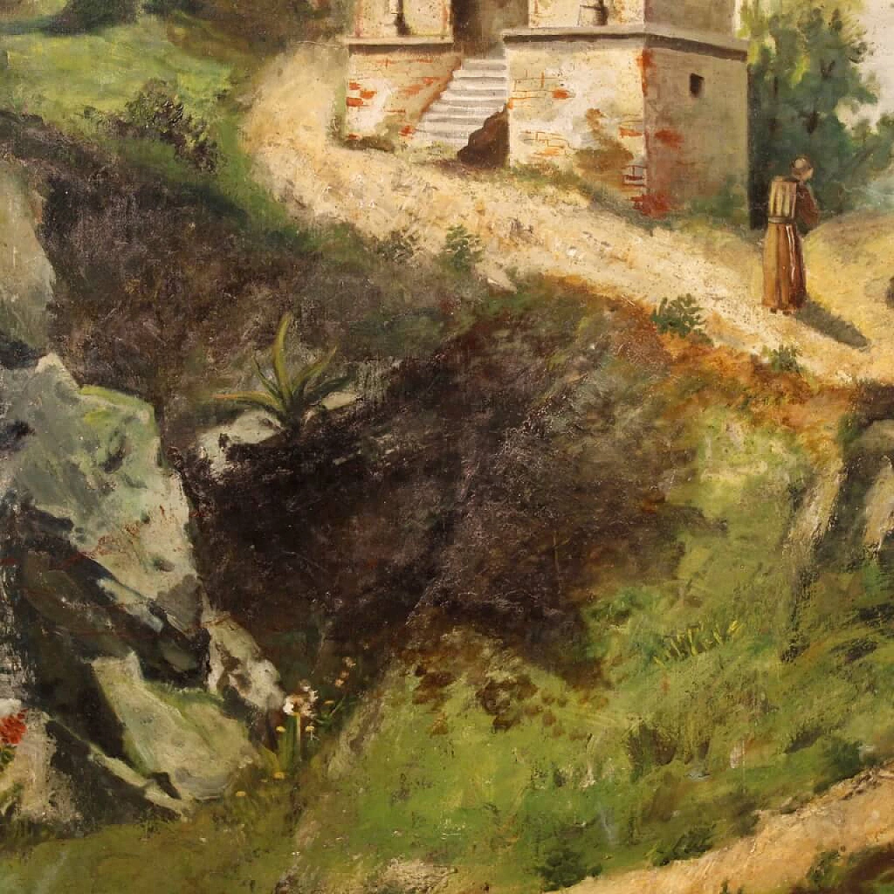 Landscape with church and friar, oil painting on canvas, second half of the 19th century 7