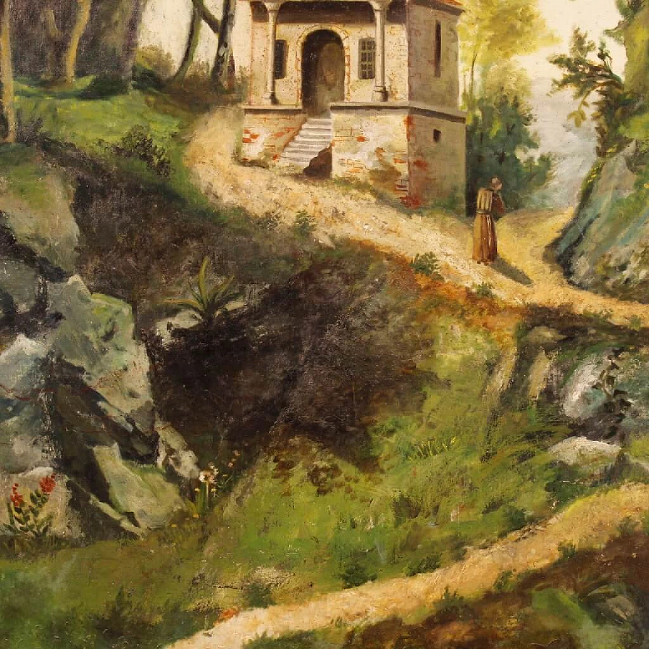 Landscape with church and friar, oil painting on canvas, second half of the 19th century 11