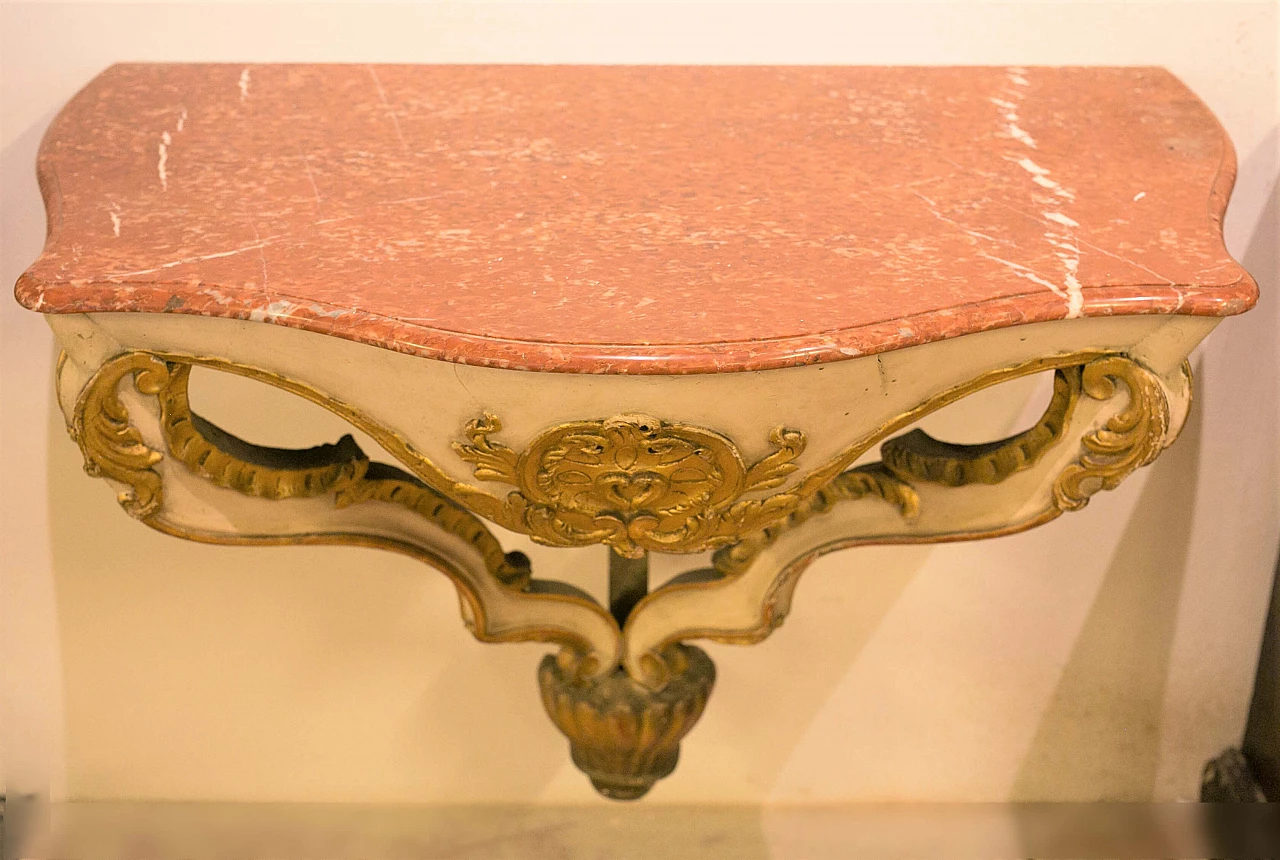 Baroque style wooden console with red marble top, early 19th century 3