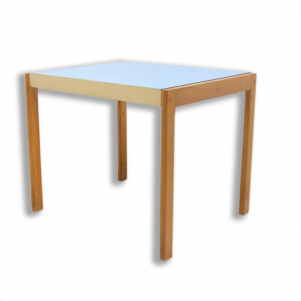 Tavolino in legno con piano azzurro in formica di TON, anni '70 1