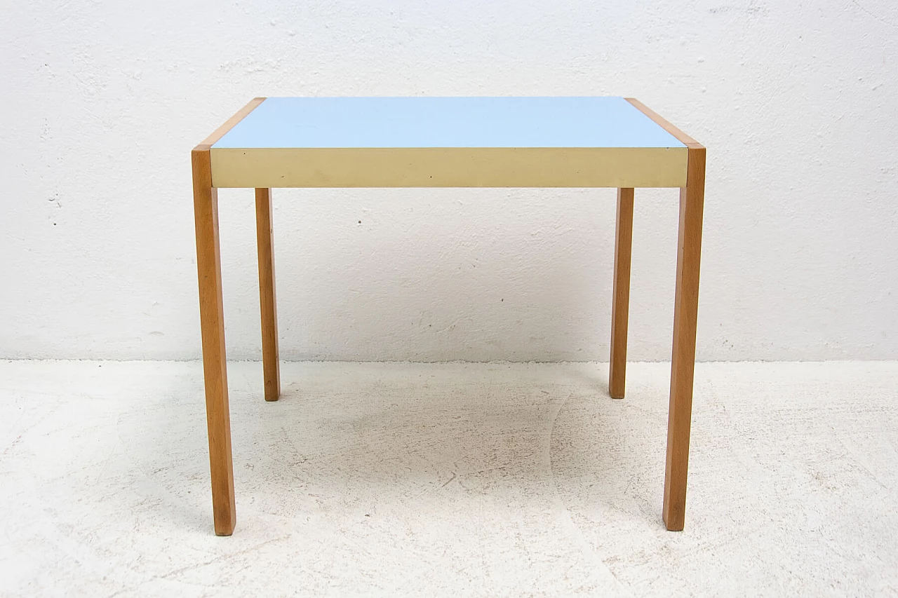 Tavolino in legno con piano azzurro in formica di TON, anni '70 10