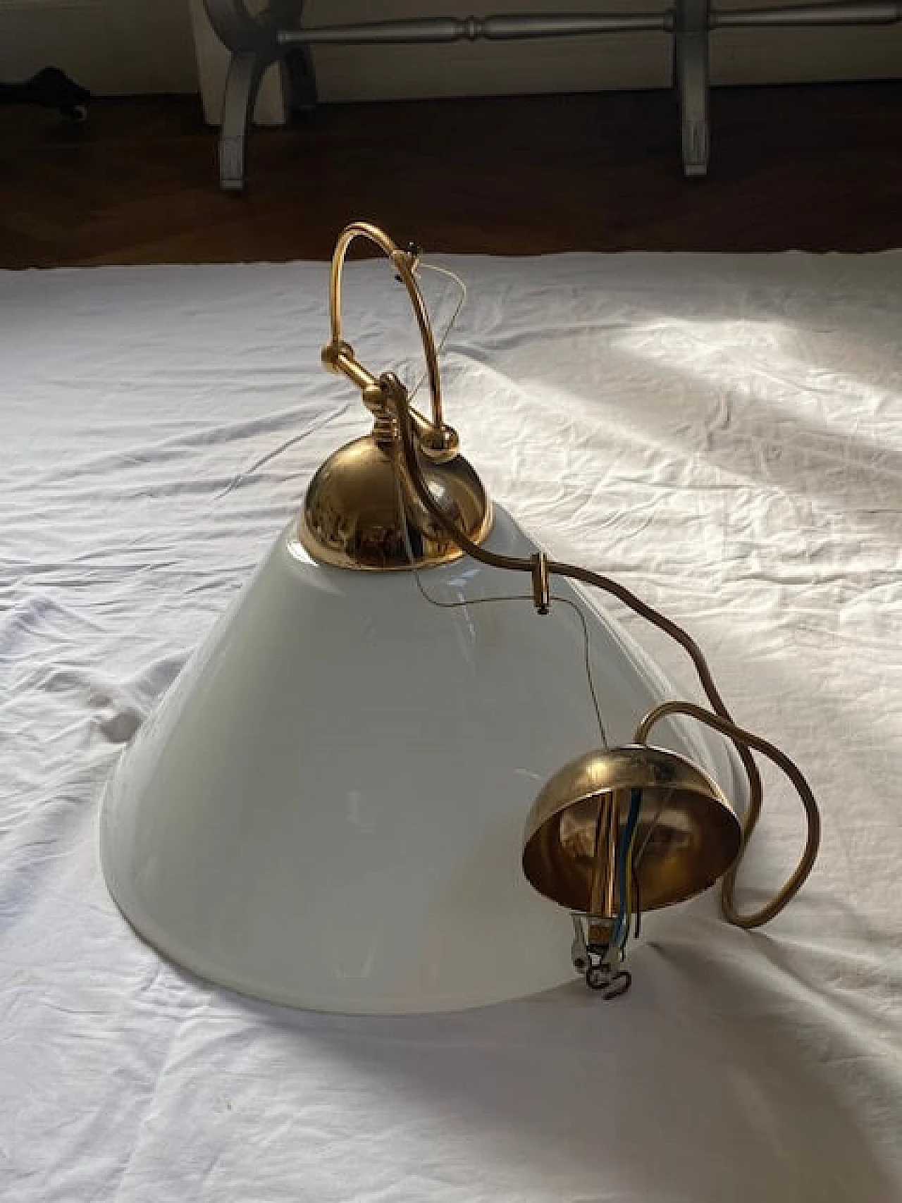 White glass and brass pendant lamp, 1960s 1