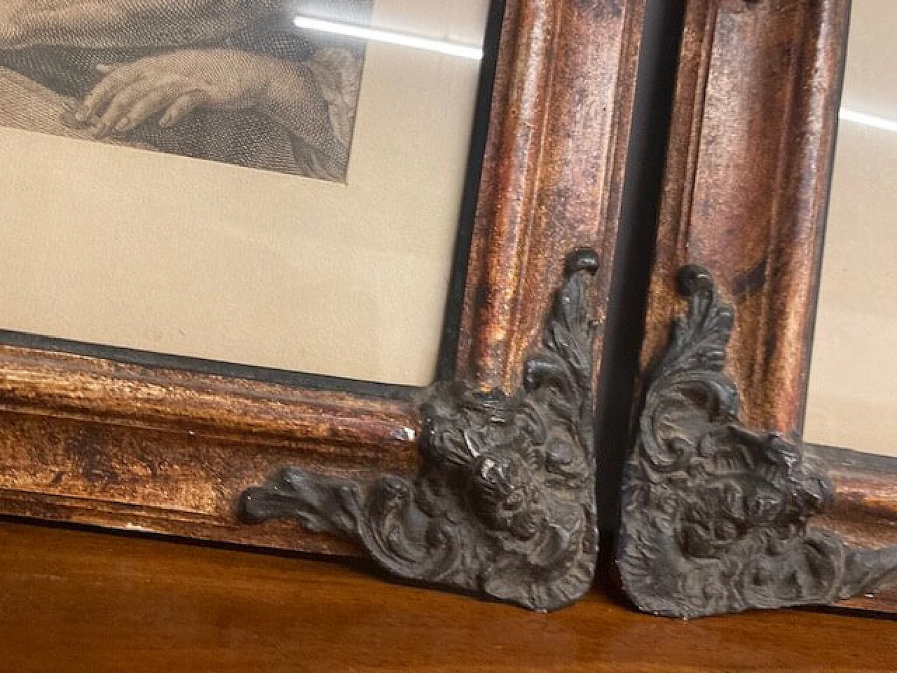 Pair of prints with carved and lacquered faux wood frames, mid-19th century 3