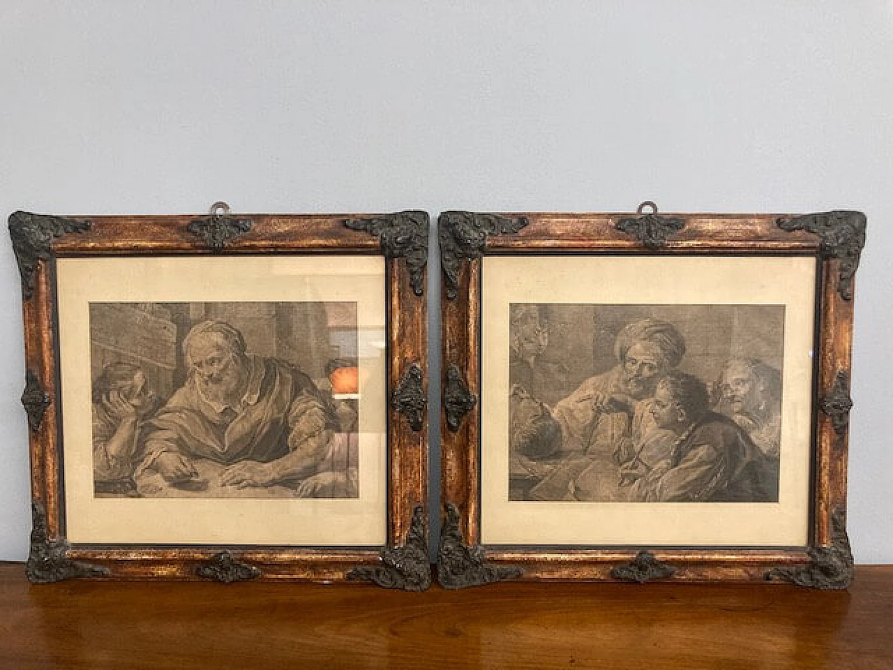 Pair of prints with carved and lacquered faux wood frames, mid-19th century 4