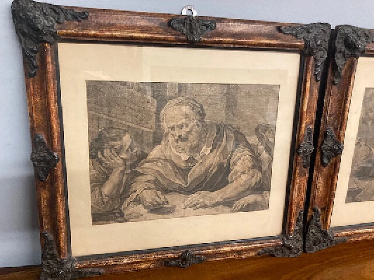 Pair of prints with carved and lacquered faux wood frames, mid-19th century 5