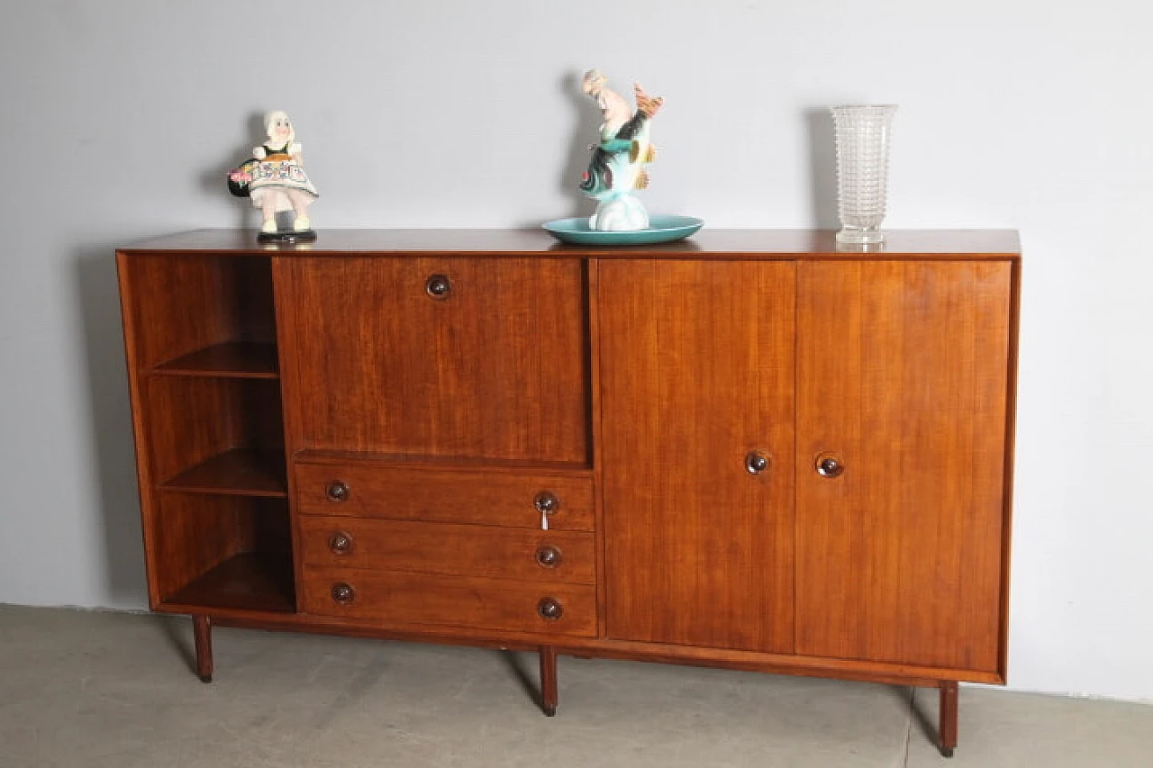 Teak sideboard with open compartment, flap, drawers and doors, 1960s 1