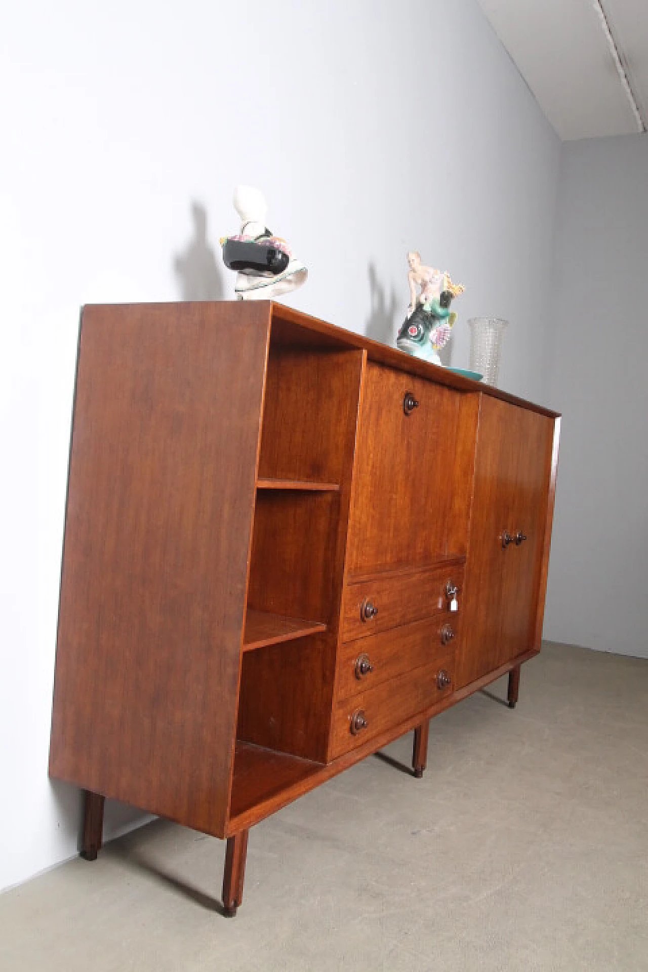 Teak sideboard with open compartment, flap, drawers and doors, 1960s 2