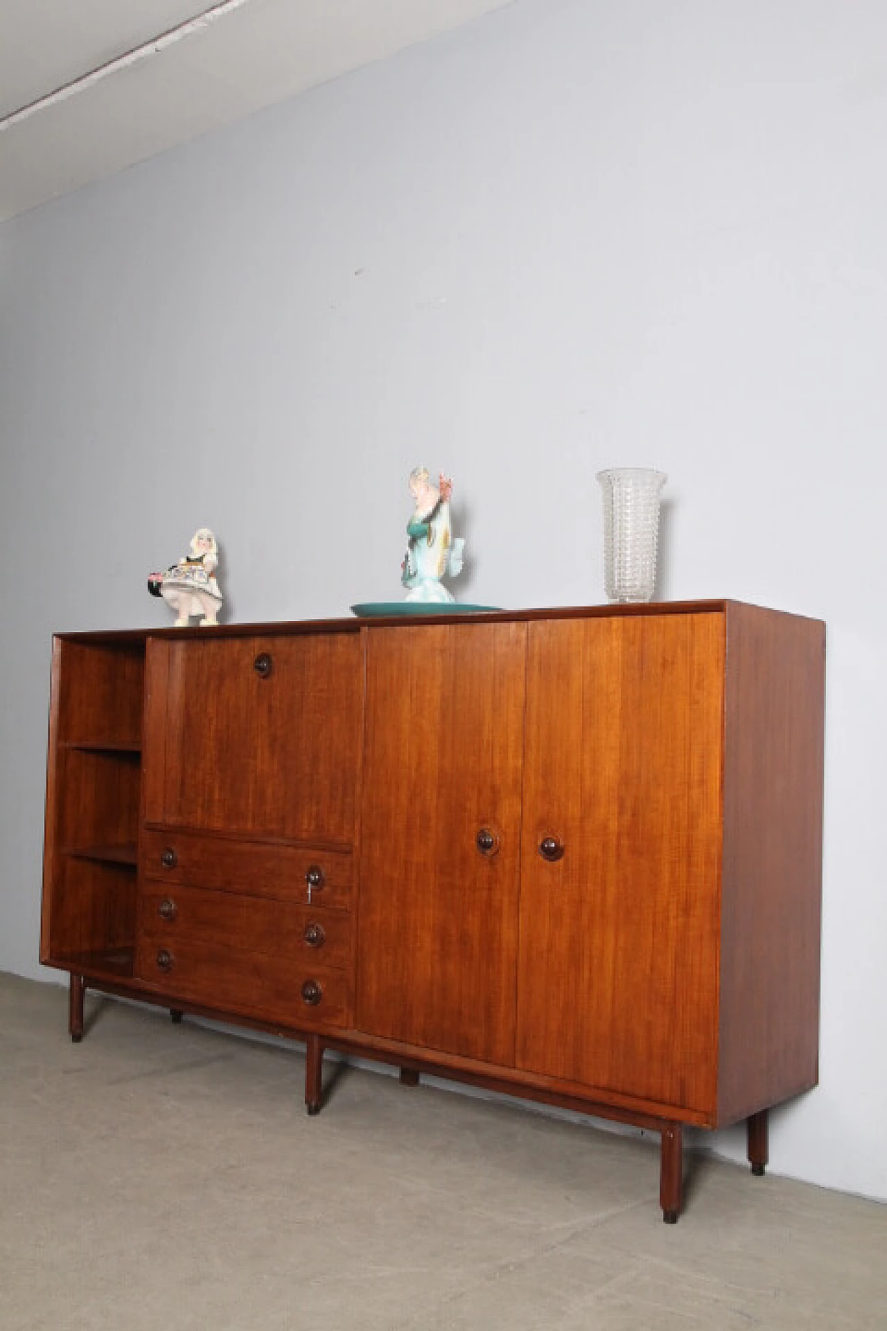 Teak sideboard with open compartment, flap, drawers and doors, 1960s 5