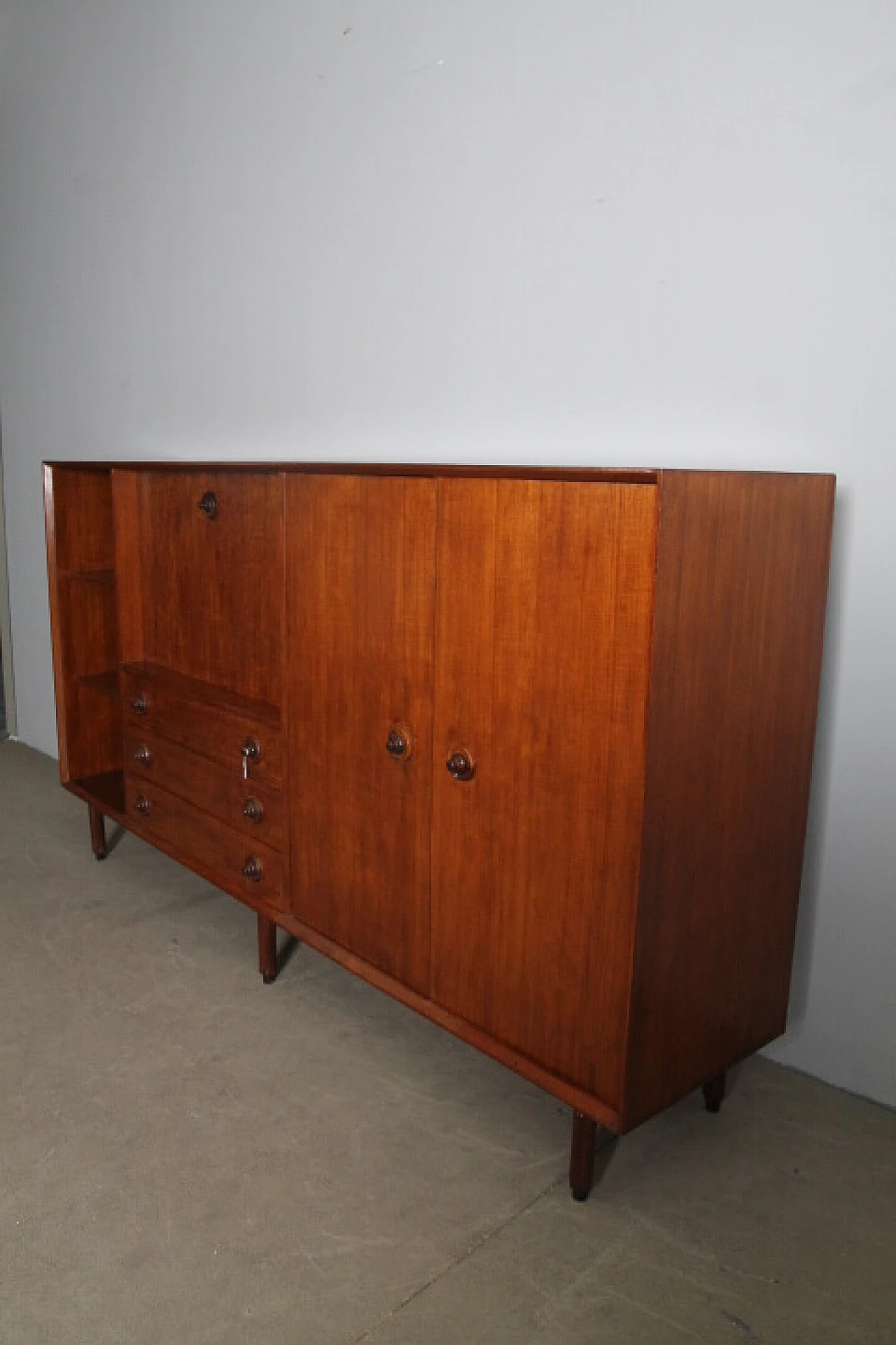 Teak sideboard with open compartment, flap, drawers and doors, 1960s 9