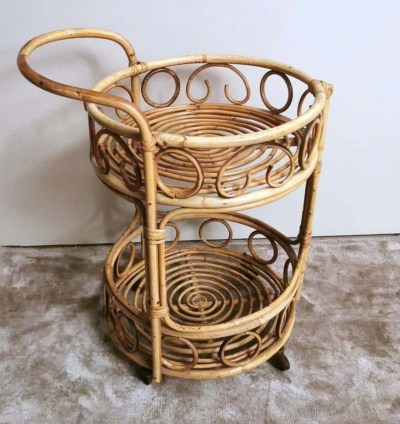 Franco Albini style bamboo and rattan bar cart, 1960s 1