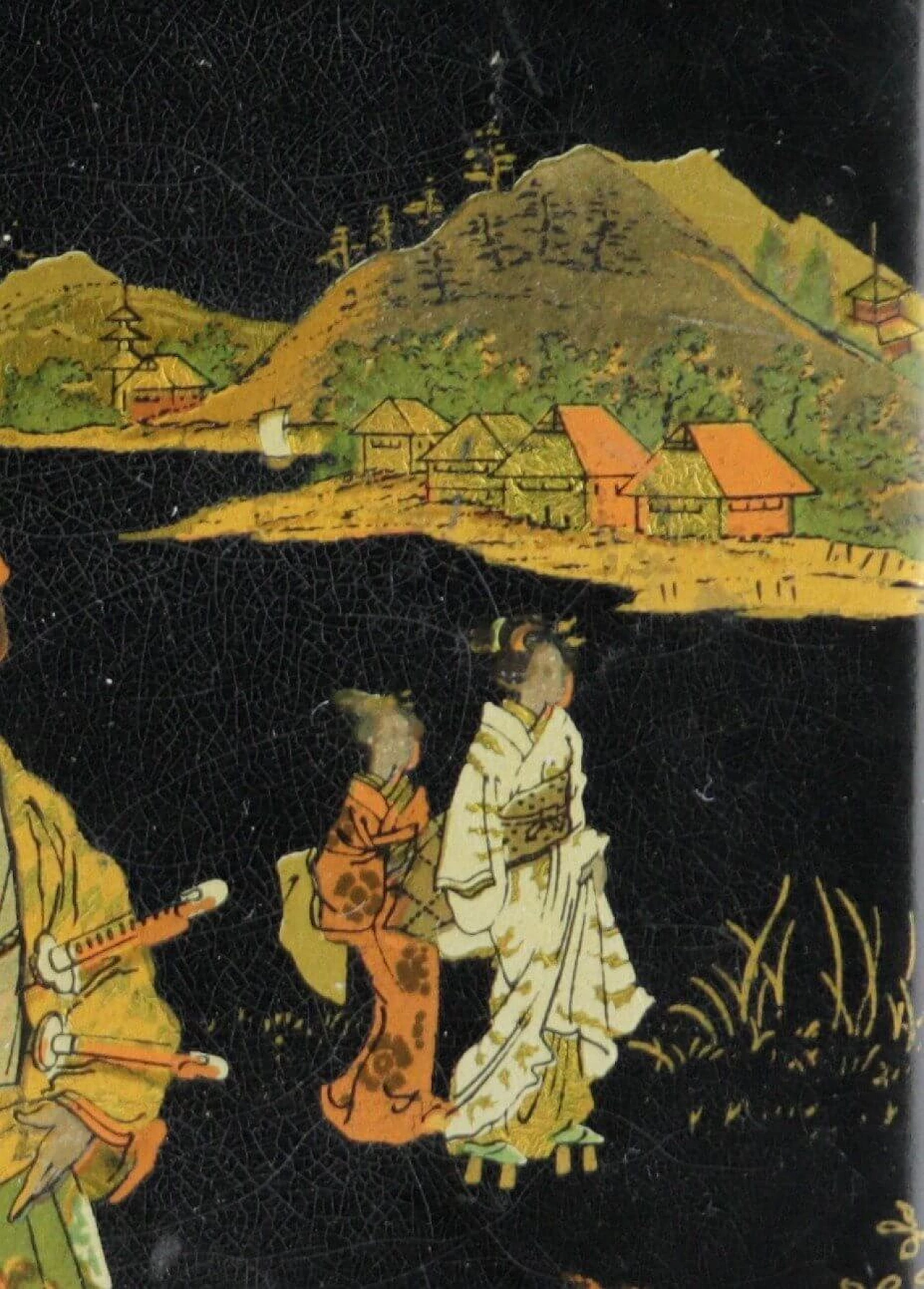 Coppia di scatole in cartapesta laccata Pont à Mousson con samurai e geishe, '800 1