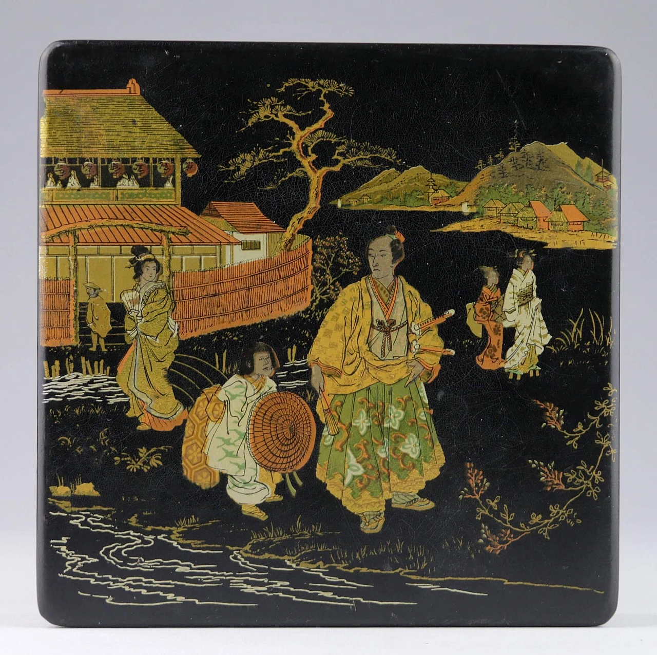 Coppia di scatole in cartapesta laccata Pont à Mousson con samurai e geishe, '800 2