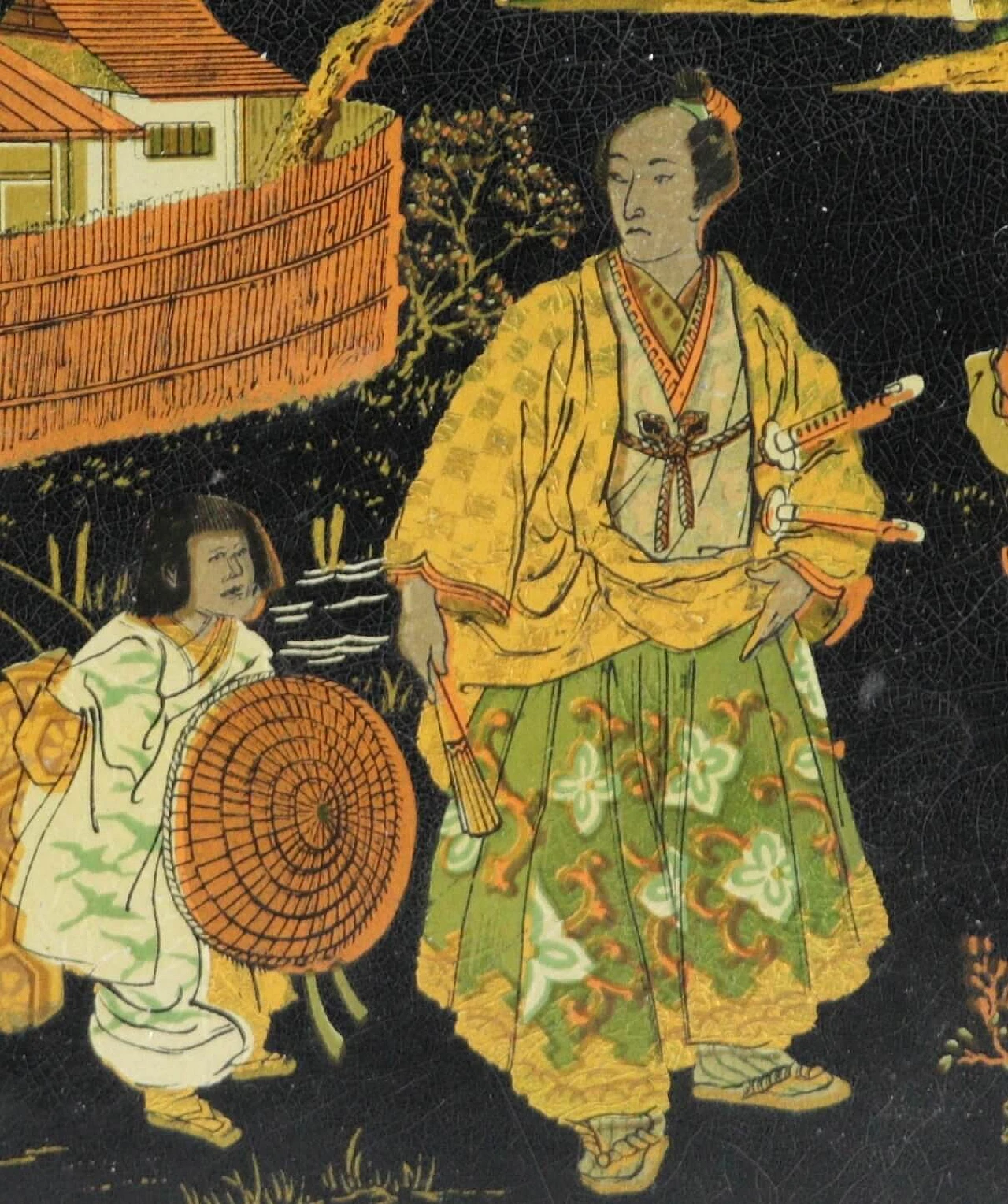 Coppia di scatole in cartapesta laccata Pont à Mousson con samurai e geishe, '800 18
