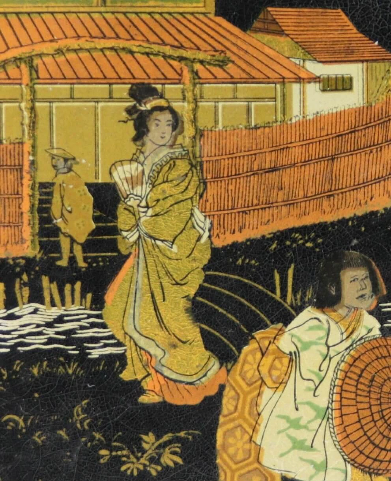 Coppia di scatole in cartapesta laccata Pont à Mousson con samurai e geishe, '800 19