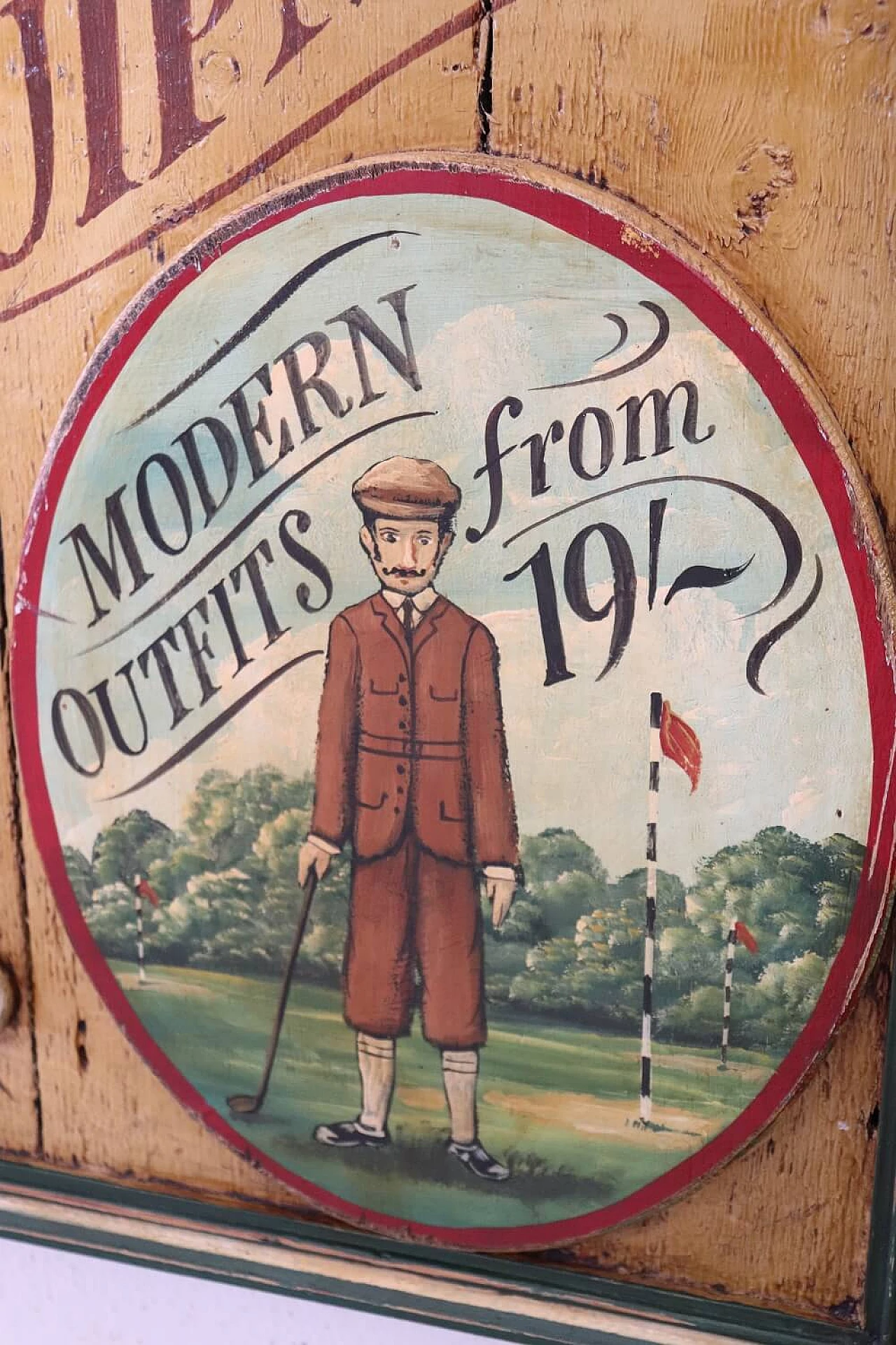 Hand-painted advertising sign on wood with relief decoration, 1920s 5