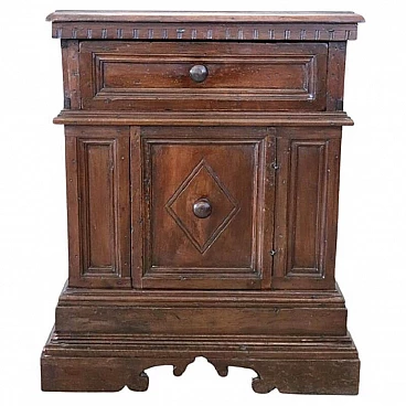 Solid carved walnut bedside table with drawer, late 17th century