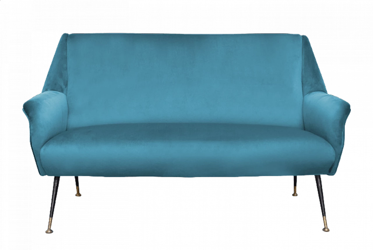 Divano a due posti in velluto ottanio di Gigi Radice, anni '50 8