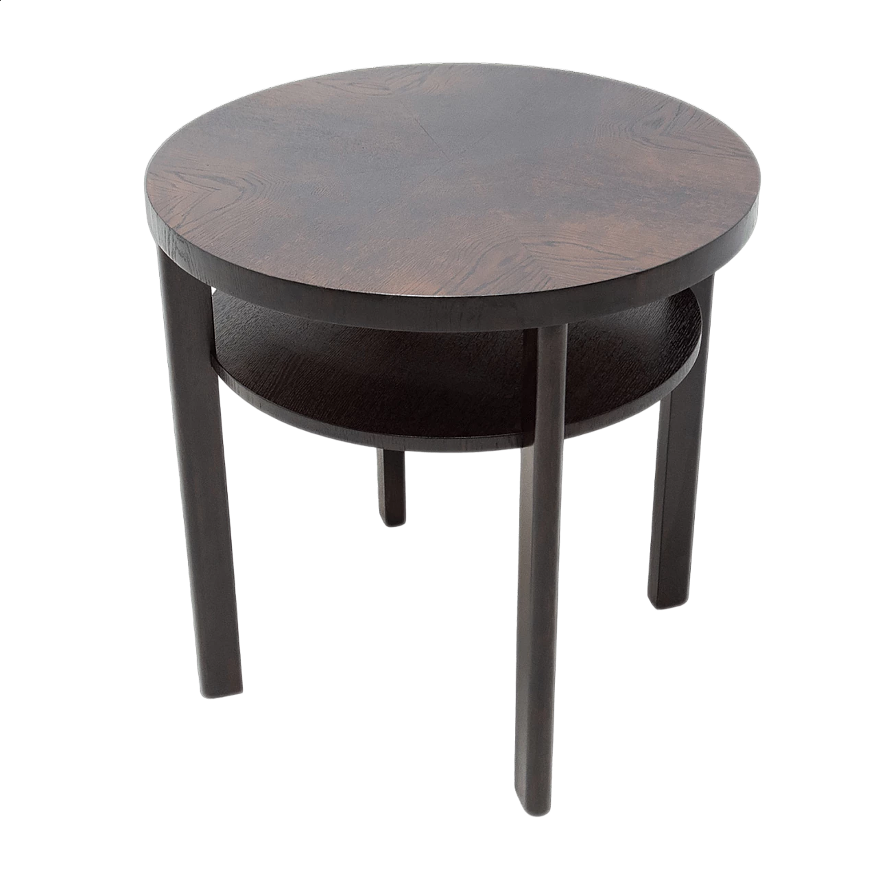 Art Deco round dark oak side table with double shelf, 1950s 15