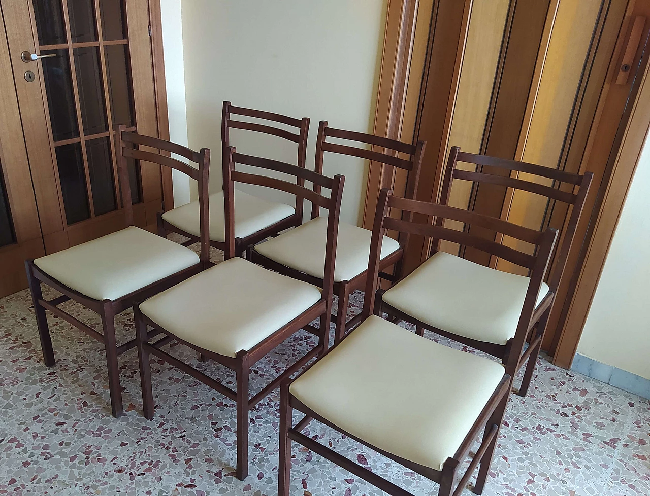 6 Sedie in legno con seduta in similpelle beige, anni '60 7