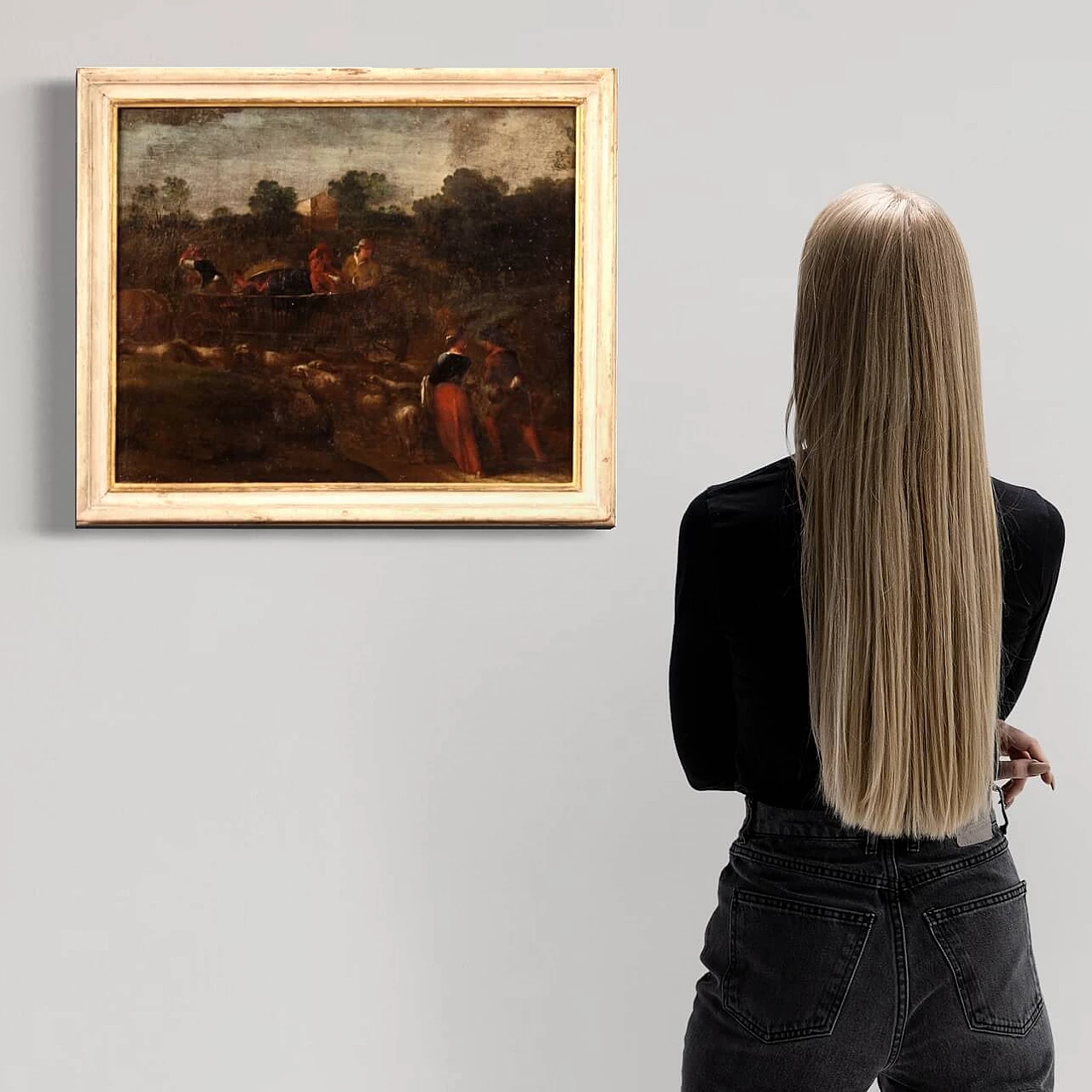 Pastoral scene with cart, oil on canvas, 18th century 8