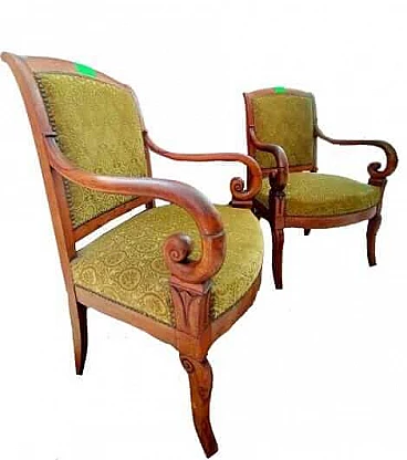 Pair of Neoclassical walnut chairs with padded seat and back, 19th century