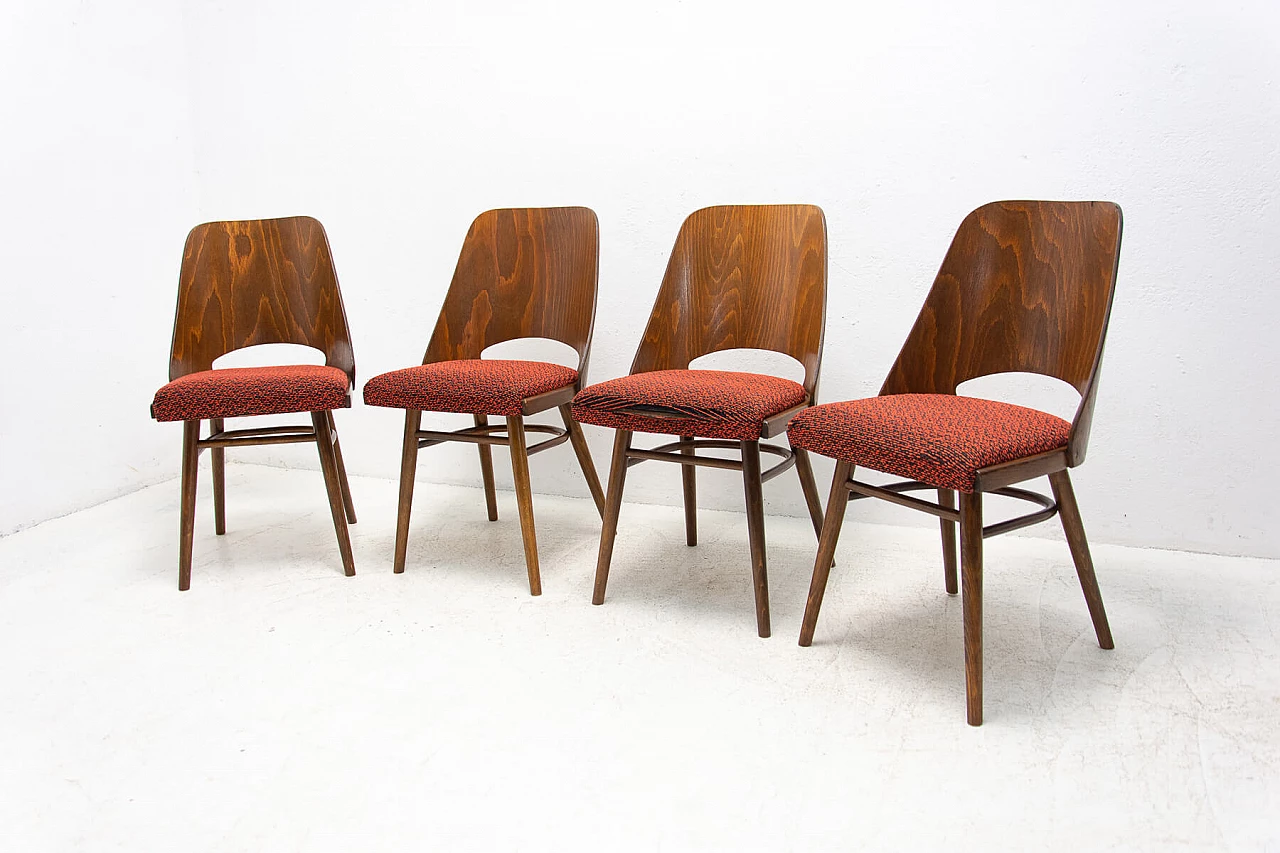4 Wood and fabric chairs by Radomír Hofman for TON, 1960s 5