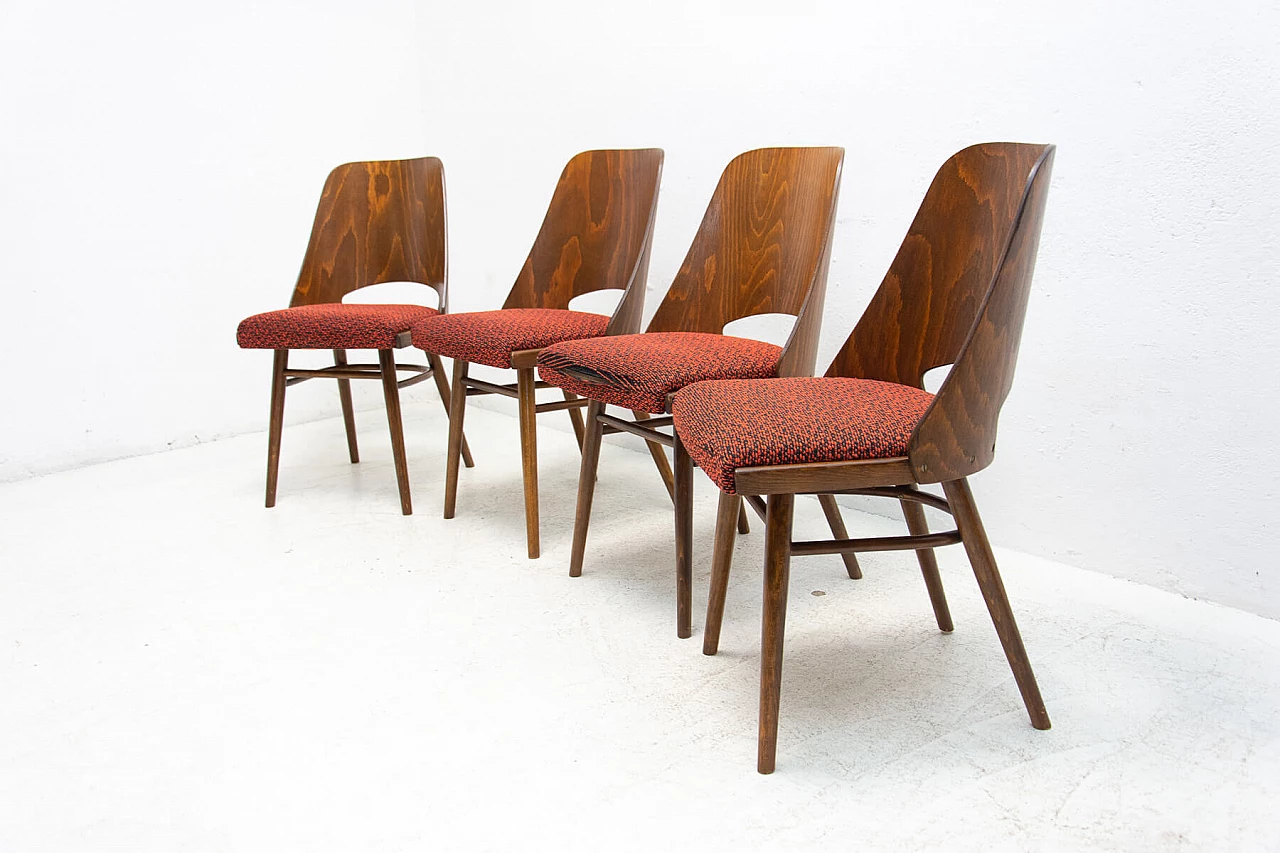 4 Wood and fabric chairs by Radomír Hofman for TON, 1960s 7