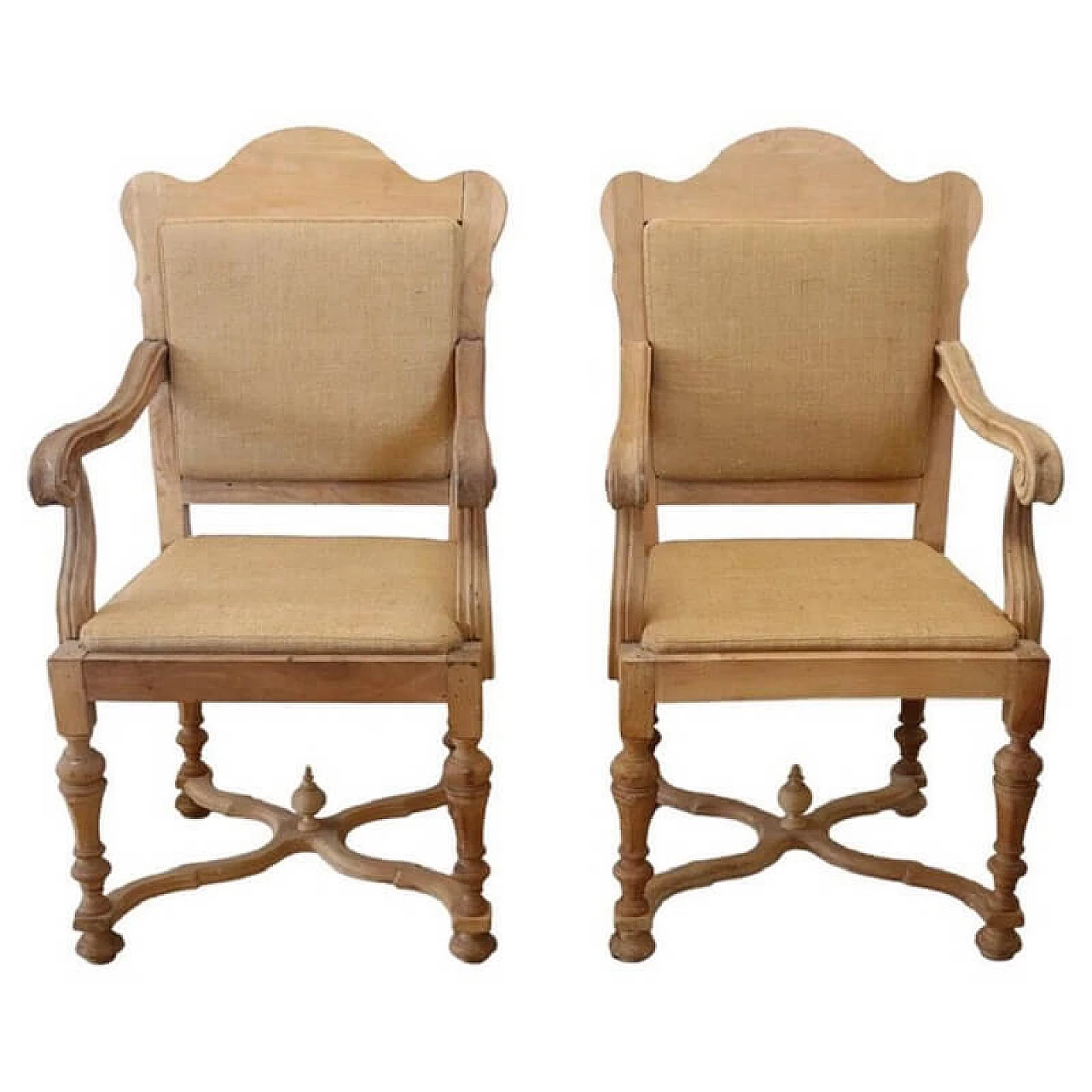 Pair of poplar armchairs with natural finish and jute seat, 1930s 1