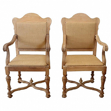 Pair of poplar armchairs with natural finish and jute seat, 1930s