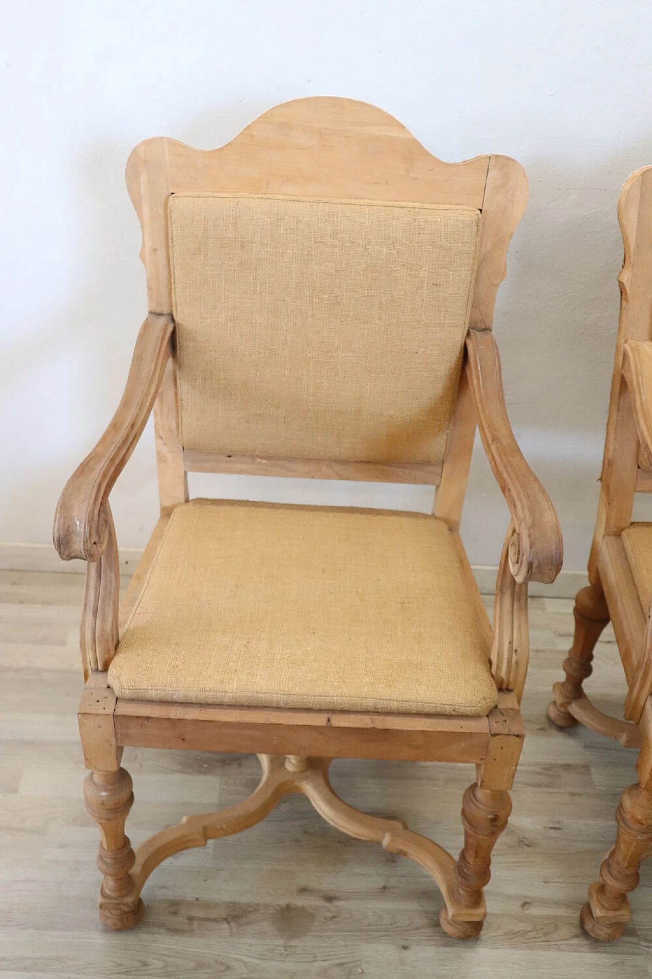 Pair of poplar armchairs with natural finish and jute seat, 1930s 2