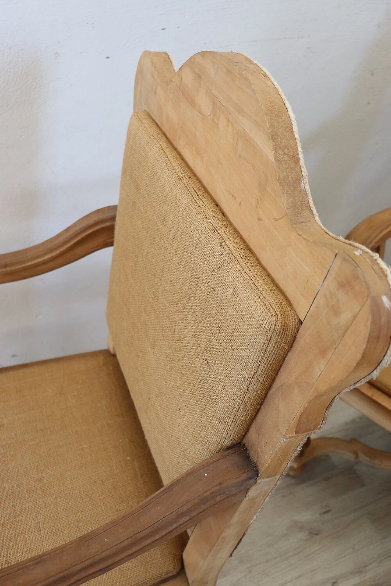 Pair of poplar armchairs with natural finish and jute seat, 1930s 9