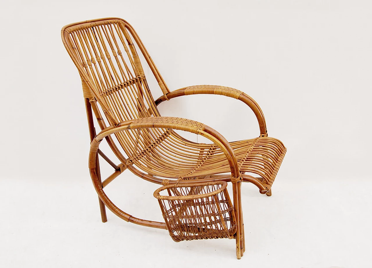 Bamboo and wicker armchair with magazine pocket, 1950s 1