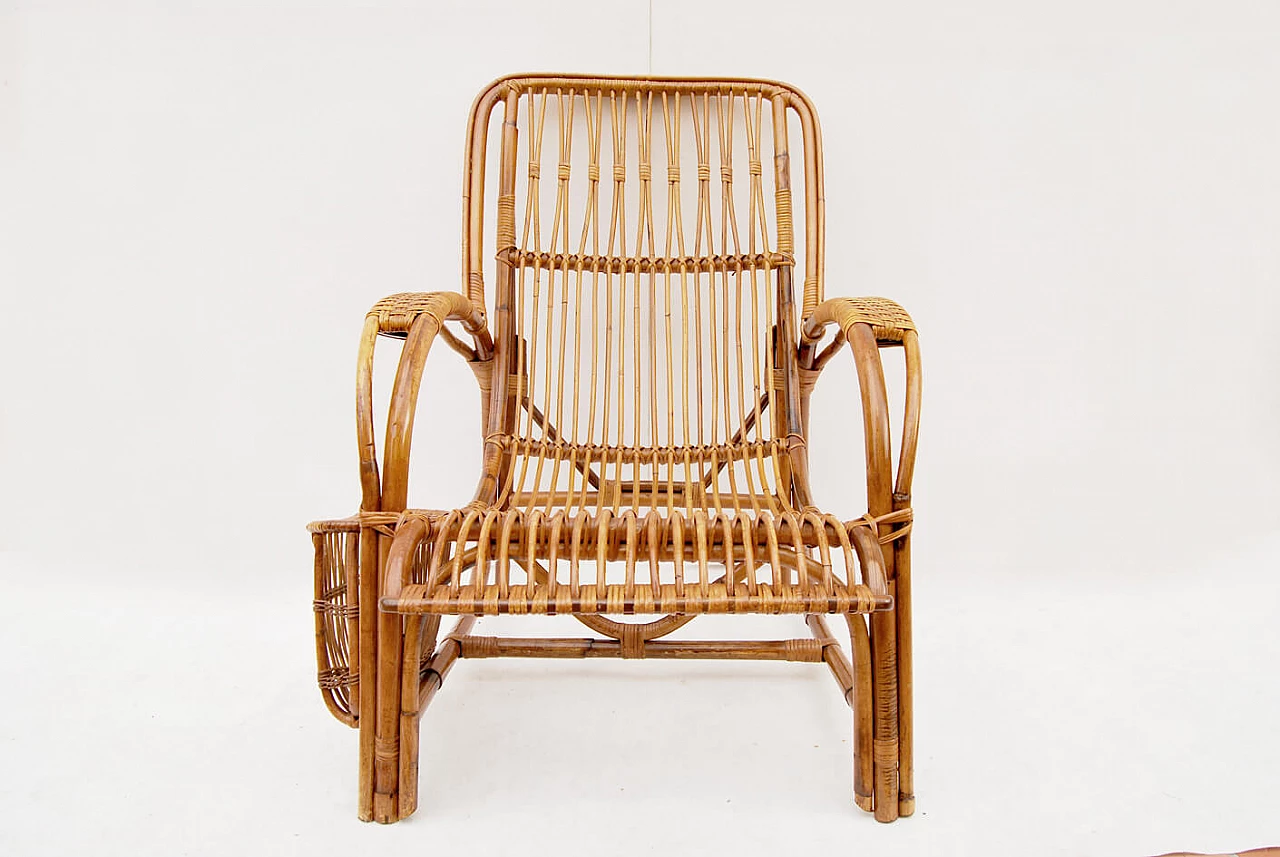 Bamboo and wicker armchair with magazine pocket, 1950s 2