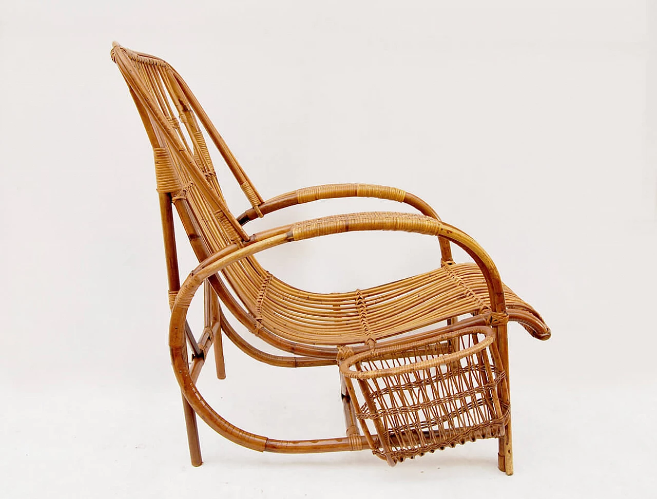 Bamboo and wicker armchair with magazine pocket, 1950s 3