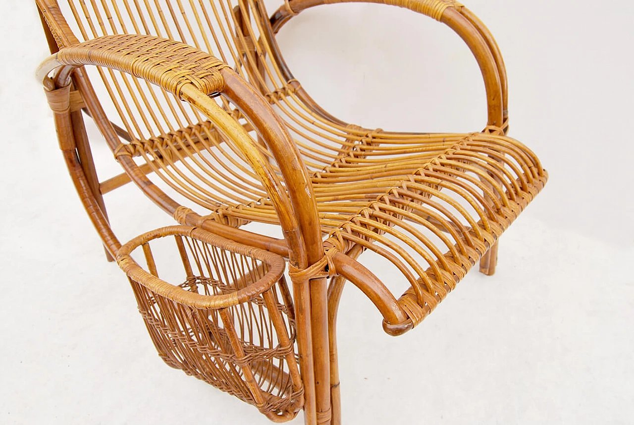 Bamboo and wicker armchair with magazine pocket, 1950s 5