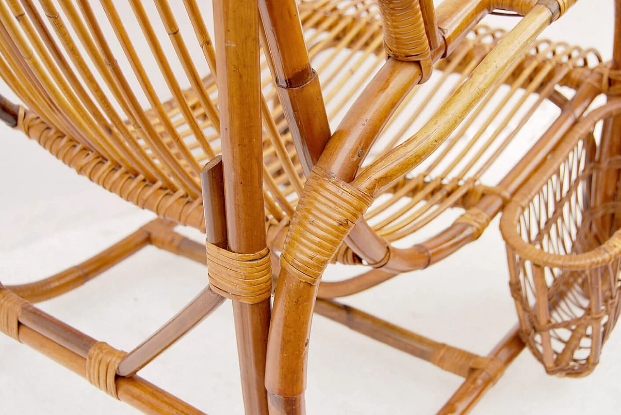 Bamboo and wicker armchair with magazine pocket, 1950s 6