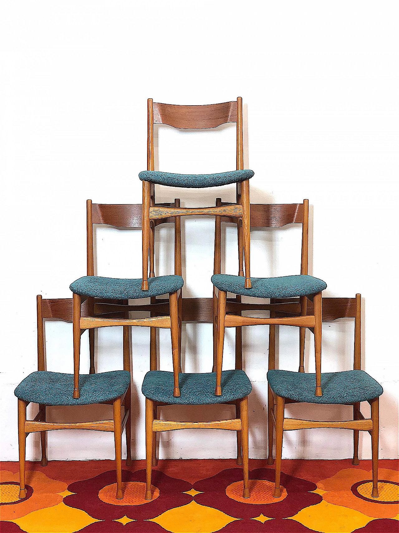 6 Solid beech chairs with fabric seat, 1960s 1