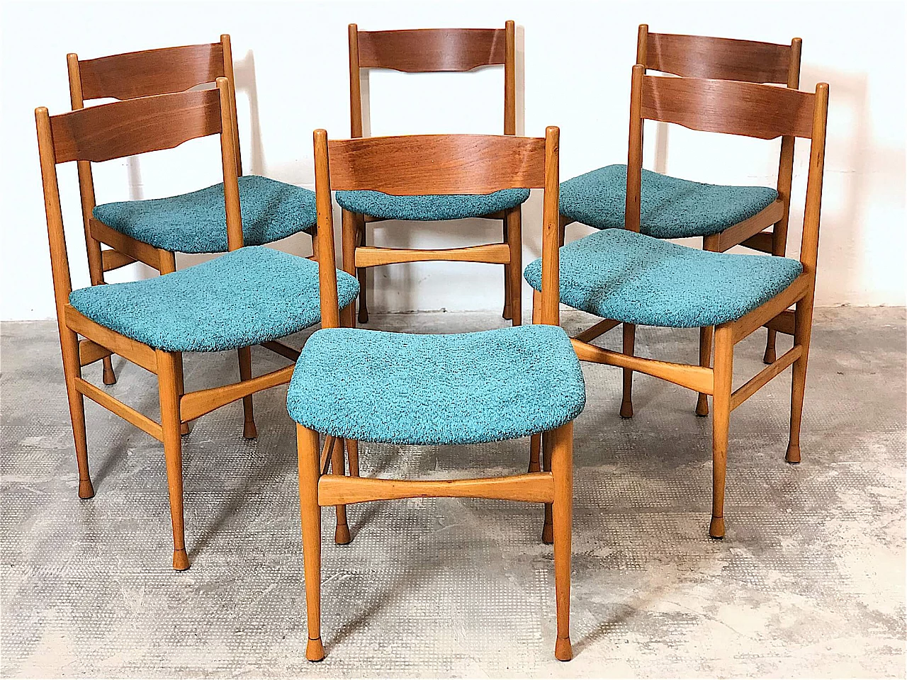 6 Solid beech chairs with fabric seat, 1960s 6