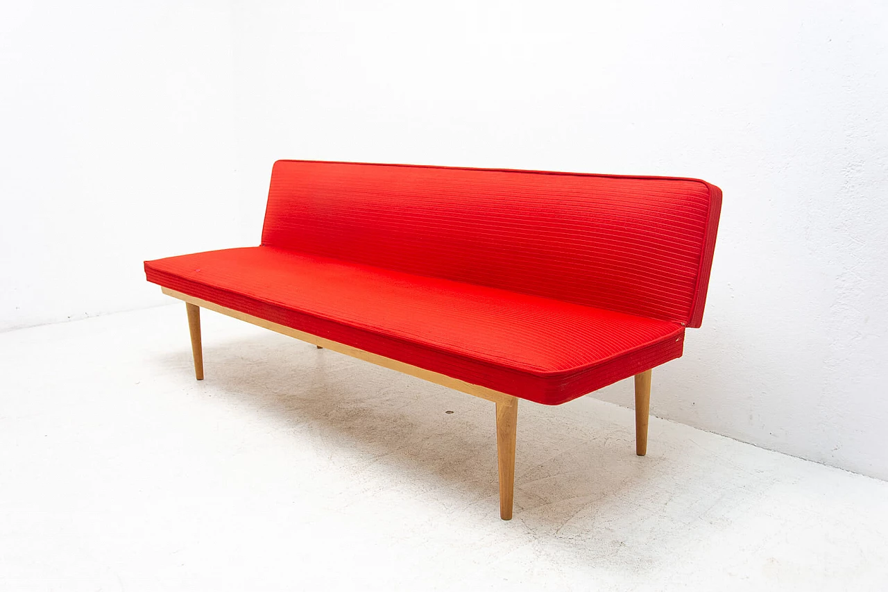 Beech and red fabric sofa bed by Miroslav Navratil, 1960s 2