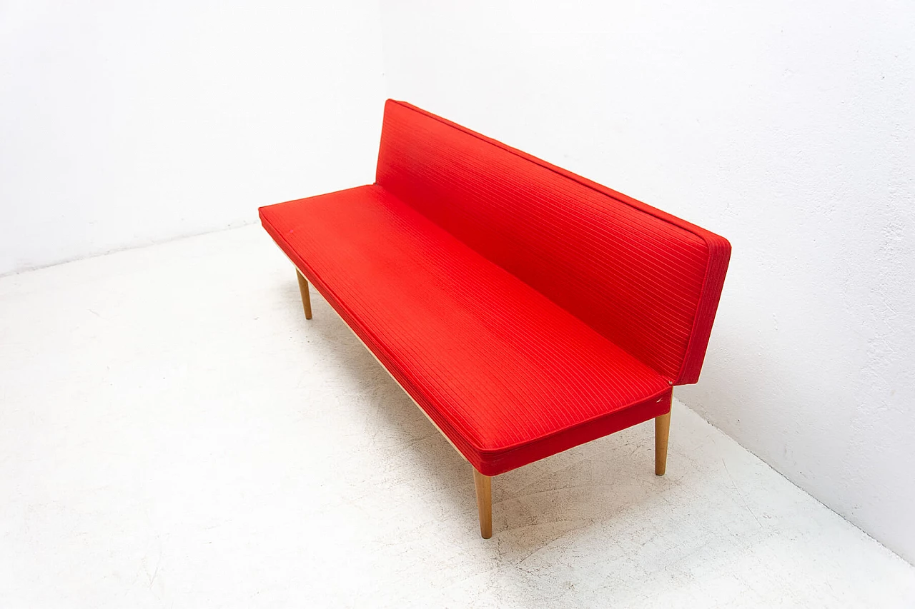 Beech and red fabric sofa bed by Miroslav Navratil, 1960s 3