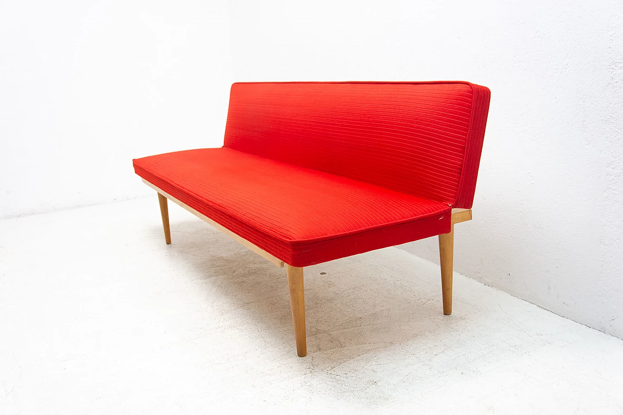 Beech and red fabric sofa bed by Miroslav Navratil, 1960s 4