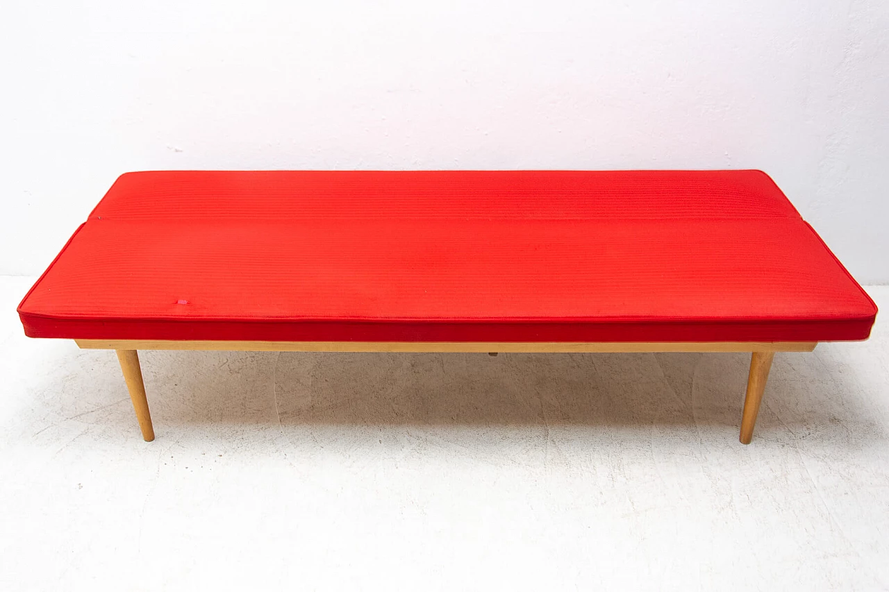 Beech and red fabric sofa bed by Miroslav Navratil, 1960s 9