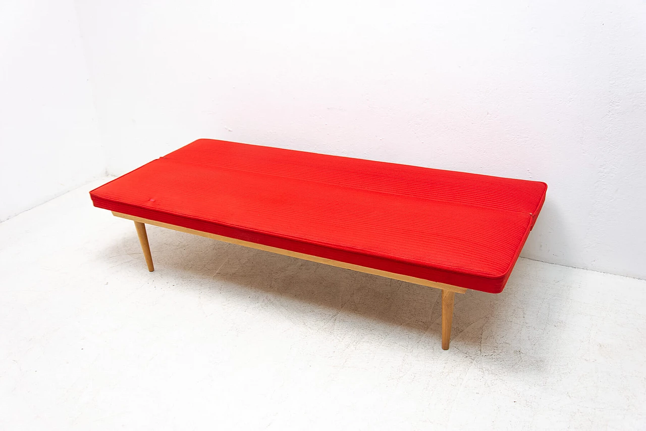 Beech and red fabric sofa bed by Miroslav Navratil, 1960s 10