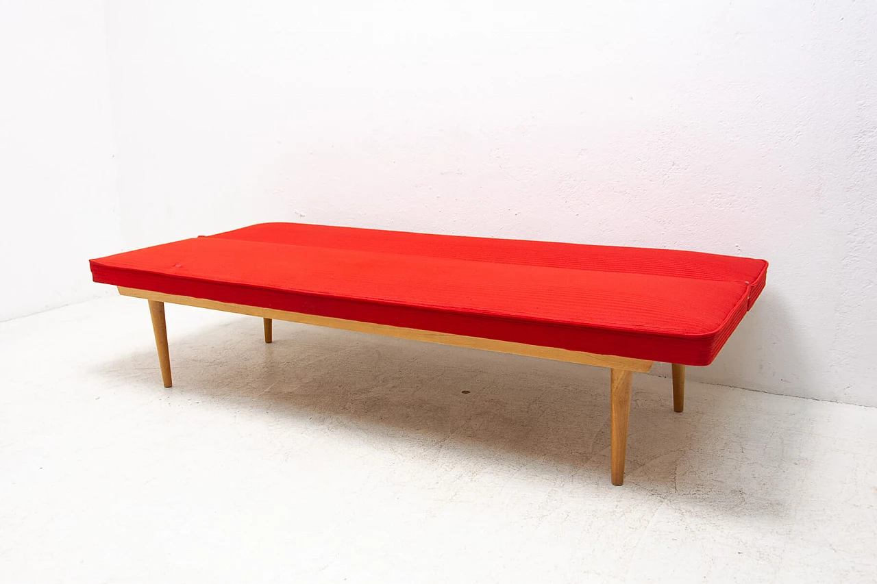 Beech and red fabric sofa bed by Miroslav Navratil, 1960s 11