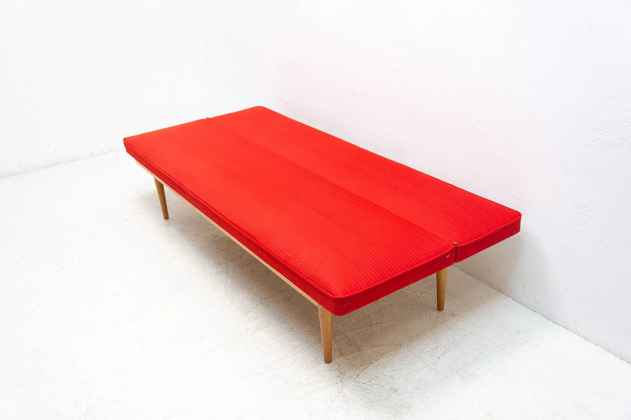 Beech and red fabric sofa bed by Miroslav Navratil, 1960s 12